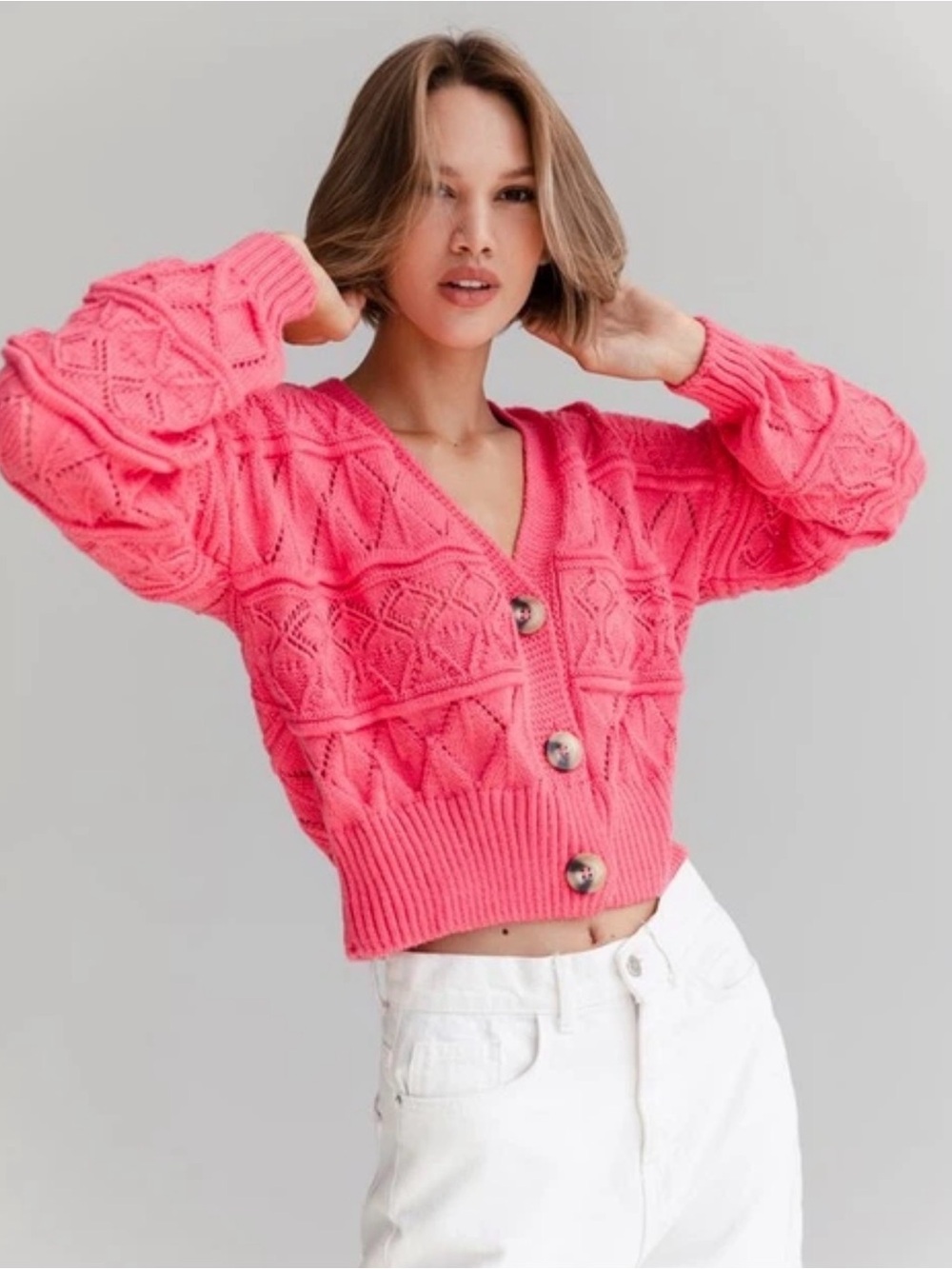 NEW! Oli & Hali Hot Pink Cropped V-Neck Cable Knit Cardigan Size S